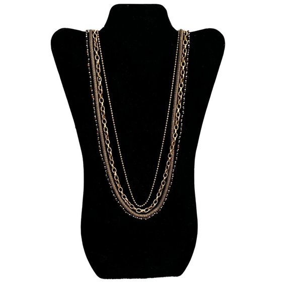 Chicos Multi Strand Necklace Mixed Chains Gold Black Tone Beads 37 inch - Picture 1 of 6